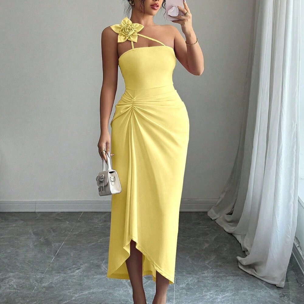 Yellow Elegant Women's 3d Floral Pleated Dress - Picture 5 of 6